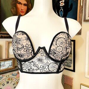 Victoria's Secret Tan Longline Balconette Bra Bustier with Black Lace 36C